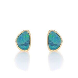 Yellow Gold Opal Stud Earrings - 14k Doublet Bezel Set Pierced